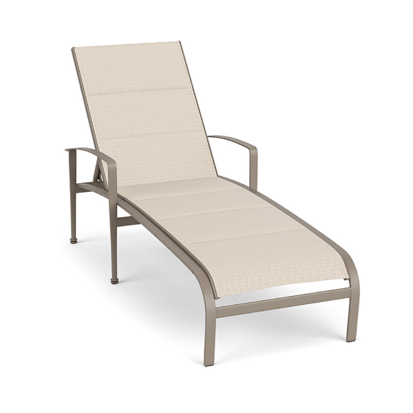 Metro padded sling commercial patio chaise lounge with Satin Amber aluminum frame, Cane Oyster padded sling fabric, curved arms, and adjustable back