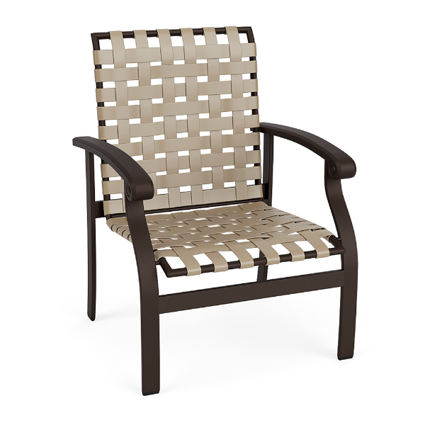 Athens cross-weave commercial patio dining chair with Coffee Bean aluminum frame, Putty woven vinyl straps, and curved armrests
