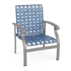 Athens cross-weave commercial patio dining chair with Platinum aluminum frame, Sky Blue woven vinyl straps, and curved armrests