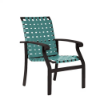 Athens cross-weave commercial patio dining chair with black aluminum frame, turquoise woven vinyl straps, and curved armrests