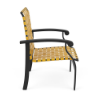 Athens cross-weave commercial patio dining chair with Starlight Black aluminum frame, yellow woven vinyl straps, and curved armrests