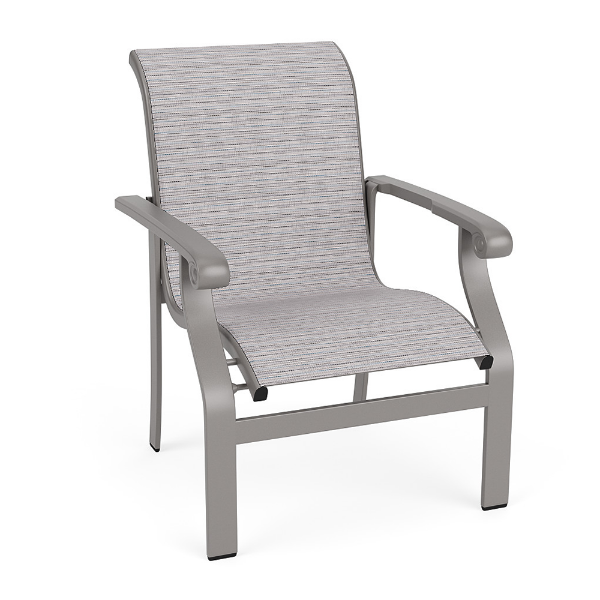 Athens sling commercial patio dining chair with Platinum aluminum frame, Broadway Wave striped sling seat and back, and curved armrests