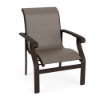 Athens sling commercial patio dining chair with Coffee Bean aluminum frame, Turquesa patterned sling seat and back, and curved armrests