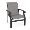 Athens sling commercial patio dining chair with Starlight Black aluminum frame, Jazzy Raven sling seat and back, and curved armrests
