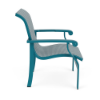 Side view of Athens sling commercial patio dining chair with Metallica Lagoon aluminum frame, Blazer Surf sling seat and back, and curved armrests