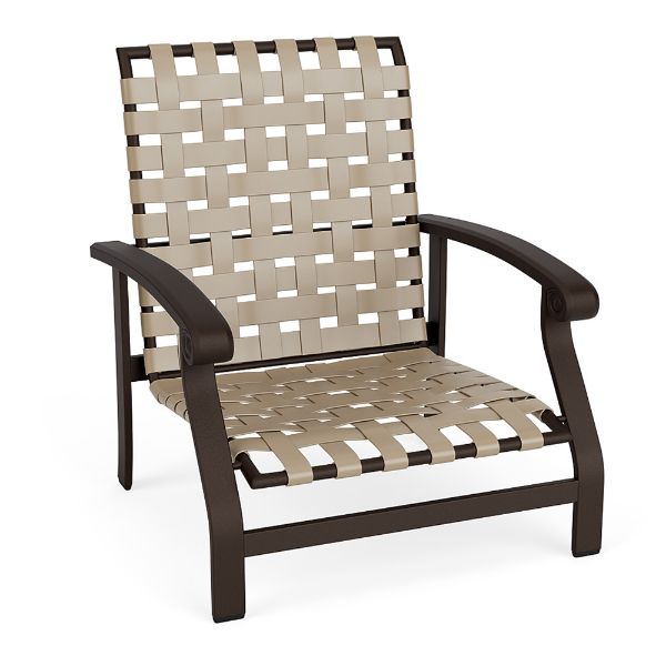 Athens cross-weave commercial patio sand chair with Coffee Bean aluminum frame, Putty woven vinyl straps, and curved armrests