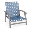 Athens cross-weave commercial patio sand chair with Platinum aluminum frame, Sky Blue woven vinyl straps, and curved armrests