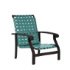 Athens cross-weave commercial patio sand chair with dark aluminum frame, turquoise woven vinyl straps, and curved armrests