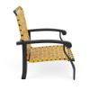 Athens cross-weave commercial patio sand chair with Starlight Black aluminum frame, yellow woven vinyl straps, and curved armrests