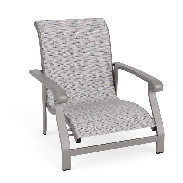 Athens sling commercial patio sand chair with Platinum aluminum frame, Broadway Wave striped sling fabric, and curved armrests