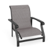 Athens sling commercial patio sand chair with Starlight Black aluminum frame, Jazzy Raven sling fabric, and curved armrests