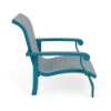 Side view of Athens sling commercial patio sand chair with Metallica Lagoon aluminum frame, Blazer Surf sling fabric, and curved armrests