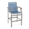 Athens cross-weave commercial patio bar chair with Platinum aluminum frame, Sky Blue woven vinyl straps, curved armrests, and footrest