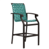 Athens cross-weave commercial patio bar chair with Coffee Bean aluminum frame, turquoise woven vinyl straps, armrests, and footrest