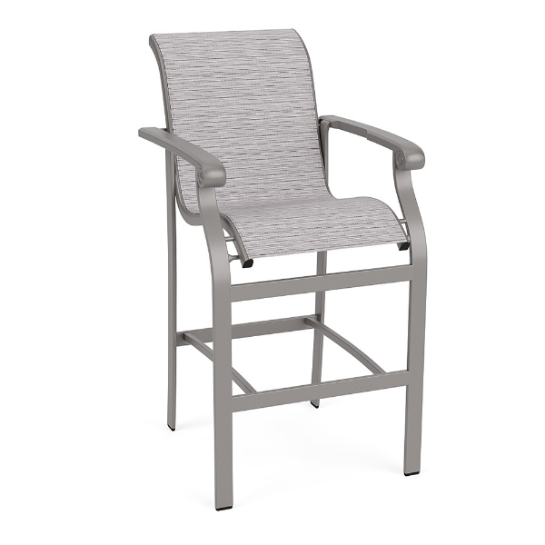 Athens sling commercial patio bar chair with Platinum aluminum frame, Broadway Wave striped sling seat and back, armrests, and footrest