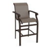 Athens sling commercial patio bar chair with Coffee Bean aluminum frame, Turquesa patterned sling seat and back, armrests, and footrest