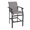 Athens sling commercial patio bar chair with Starlight Black aluminum frame, Jazzy Raven sling seat and back, armrests, and footrest