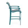 Side view of Athens sling commercial patio bar chair with Metallica Lagoon aluminum frame, Blazer Surf sling seat and back, and footrest