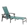 Athens cross-weave commercial patio chaise lounge with dark aluminum frame, turquoise woven vinyl straps, armrests, and adjustable reclining back