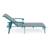 Side view of Athens sling commercial patio chaise lounge with Metallica Lagoon aluminum frame, Blazer Surf sling fabric, and adjustable reclining back