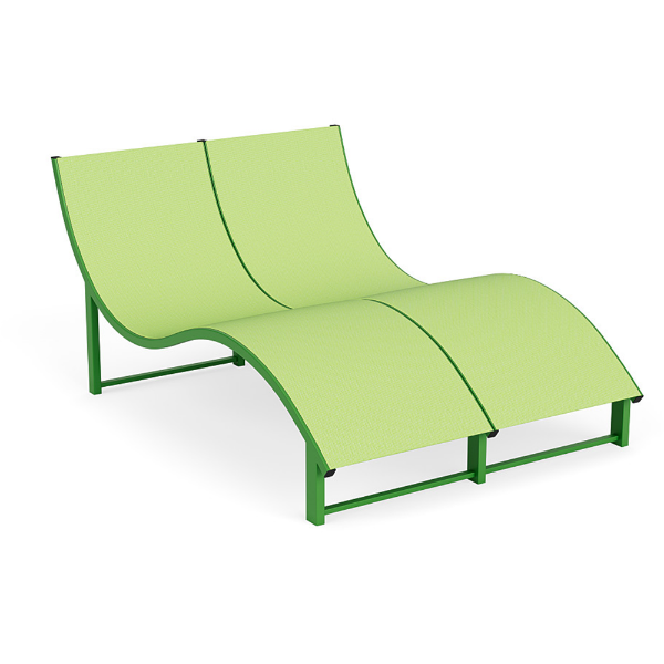 Wave raised double sling commercial chaise lounge with Lime Green aluminum frame, Citron sling fabric, and sculpted double-wide profile