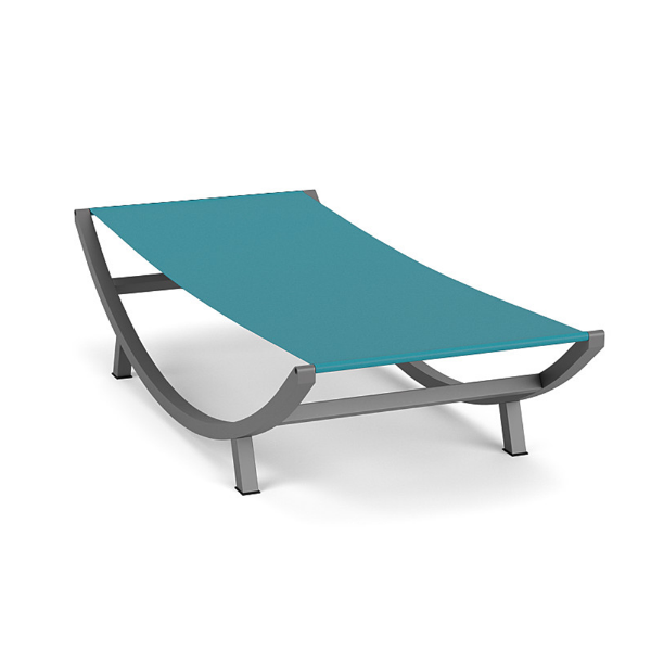 Coastal Arch commercial sling hammock with Slate Grey aluminum frame, Metallica Lagoon sling fabric, and suspended curved lounging surface