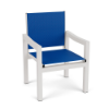 Coastal sling commercial patio dining chair with Sky White aluminum frame, Marina blue sling seat and back, and open arm design