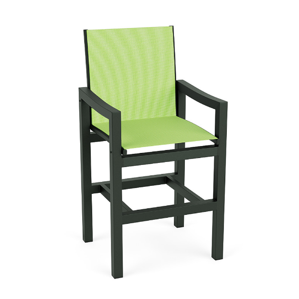 Coastal sling commercial patio bar chair with Hunter Green aluminum frame, bright Citron sling seat and back, armrests, and footrest