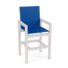 Coastal sling commercial patio bar chair with Sky White aluminum frame, Marina blue sling seat and back, armrests, and footrest
