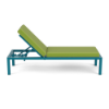 Side view of Coastal cushioned commercial patio chaise lounge with Metallica Lagoon aluminum frame, Macaw green cushions, and adjustable back