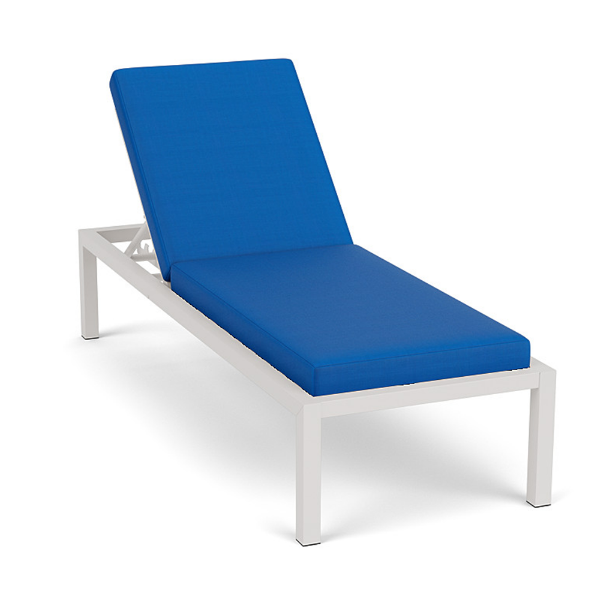 Coastal Luxury XL cushioned commercial patio chaise lounge with Sky White aluminum frame, Dura-Flex Pacific Blue cushions, and adjustable reclining back
