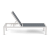 Side view of Coastal MGP commercial chaise lounge with white aluminum frame, navy MGP slatted seat and back, and adjustable backrest