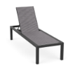 Coastal sling commercial chaise lounge with Starlight Black aluminum frame, Braque Graphite patterned sling fabric, and adjustable backrest