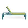 Side view of Coastal padded sling commercial chaise lounge with Metallica Lagoon aluminum frame, Lime Green padded sling, and adjustable backrest