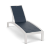 Coastal Pointe MGP commercial chaise lounge with Sky White frame, Navy slatted MGP surface, curved profile, and adjustable backrest