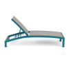 Side view of Coastal Pointe sling commercial chaise lounge with Metallica Lagoon frame, Blazer Confetti sling fabric, and adjustable backrest