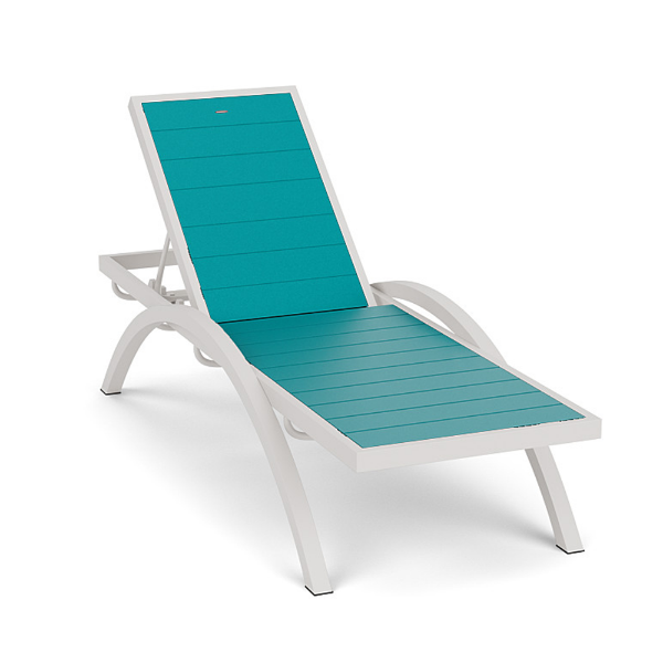 Coastal Arch MGP commercial chaise lounge with Sky White frame, Aruba MGP seat and back, curved arms, and adjustable backrest
