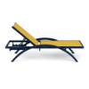 Side view of Coastal Arch sling commercial chaise lounge with Deep Blue Metallic aluminum frame, Lemon Yellow sling, curved arms, and adjustable backrest