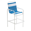 Sundance vinyl strap commercial patio bar chair with white aluminum frame, blue and white vinyl straps, armrests, and footrest