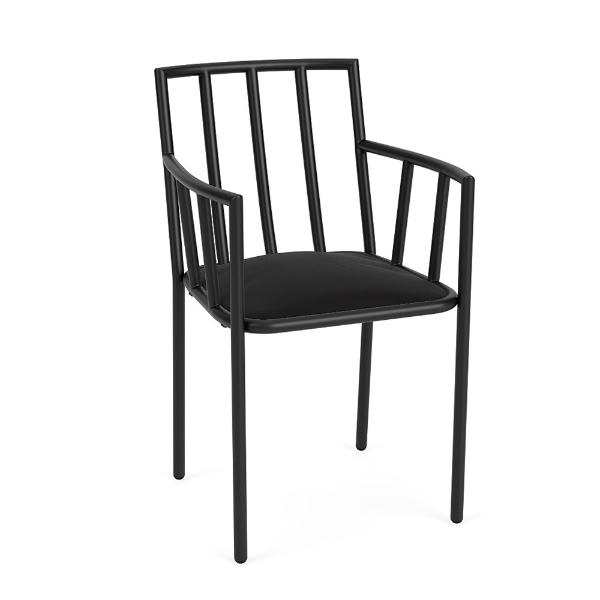 Sonoma cushioned commercial patio dining chair with arms, Starlight Black aluminum frame, black seat cushion, and open slat back