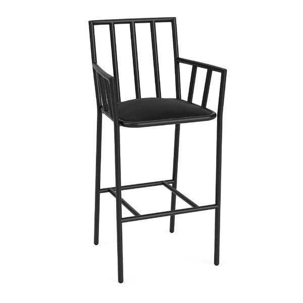 Sonoma cushioned commercial patio bar chair with arms, Starlight Black aluminum frame, black seat cushion, slat back, and footrest
