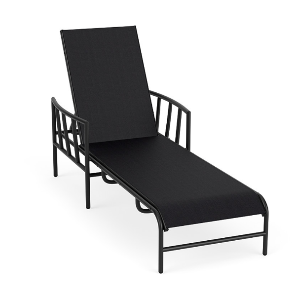 Sonoma commercial sling chaise lounge with arms, Starlight Black aluminum frame, black sling seat and back, and adjustable backrest
