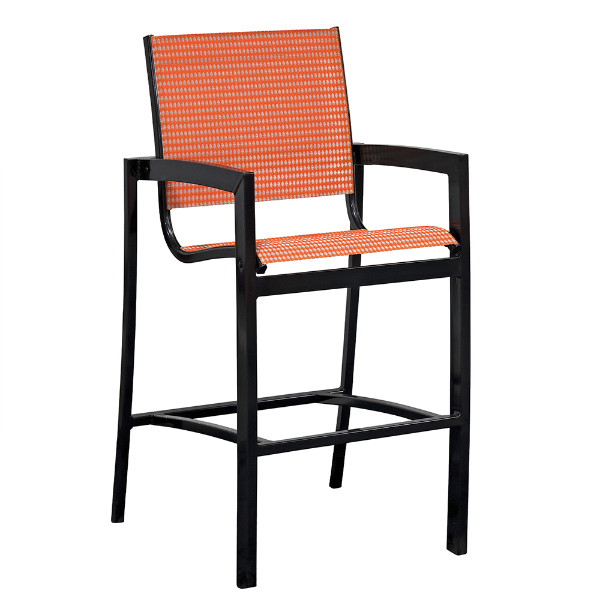 Urban double sling commercial patio bar chair with black aluminum frame, arms, footrest, and orange patterned double sling seat and back