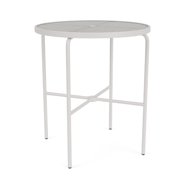 36-inch Sundance commercial acrylic patio bar table with Sky White aluminum frame, round acrylic top, and center umbrella hole