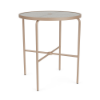 36-inch Sundance commercial acrylic patio bar table with Textured Antique Beige aluminum frame, round acrylic top, and center umbrella hole