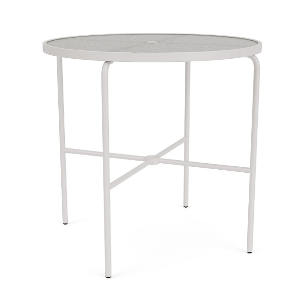 42-inch Sundance round commercial acrylic patio bar table with Sky White aluminum frame, clear textured top, and umbrella hole