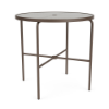 42-inch Sundance round commercial acrylic patio bar table with Textured Espresso aluminum frame, clear textured top, and umbrella hole