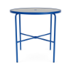 42-inch Sundance round commercial acrylic patio bar table with Marina blue aluminum frame, clear textured top, and umbrella hole