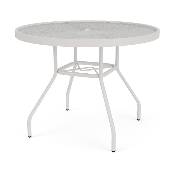 36-inch Sundance round commercial acrylic patio dining table with Sky White aluminum frame, textured acrylic top, and center umbrella hole