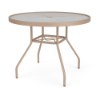 36-inch Sundance round commercial acrylic patio dining table with Textured Antique Beige aluminum frame, acrylic top, and center umbrella hole